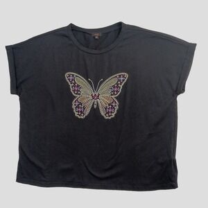 OnTwelfth Womens Short Sleeve Black Sequin Butterfly Top Boho Y2K Tee - 2X
